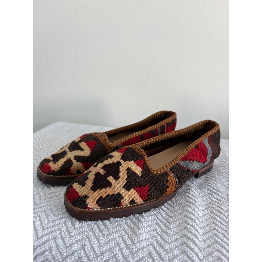 Handmade Kilim Wool Rug Loafers Brown Red Geometric Lug Sole Shoes Womens 6